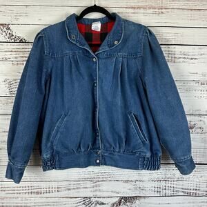 Womens VTG 80s Denim Snap Up Jean Jacket Bomber Pleated Wool Plaid Lined Size 8